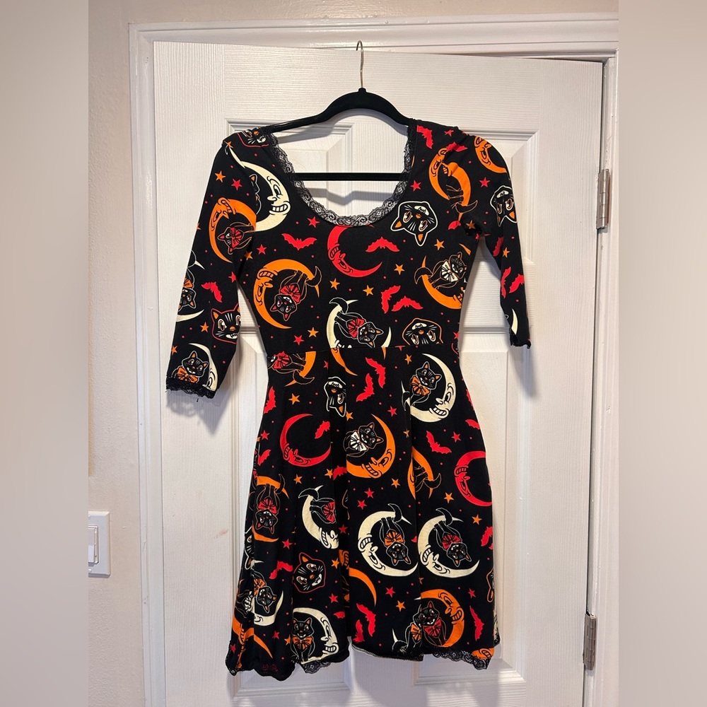 Sourpuss Black Dress with Orange and Red Cat Moon Design